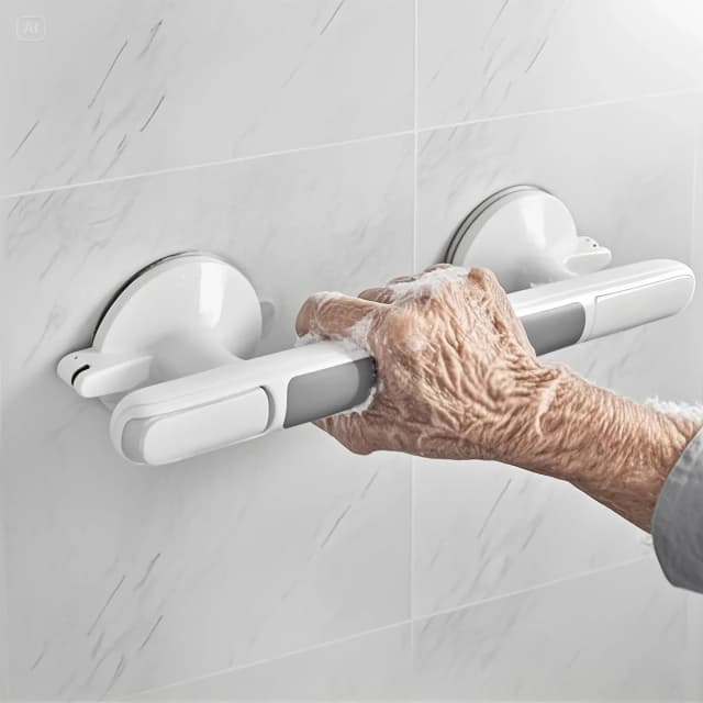 A safety handrail designed specifically for seniors, requiring no drilling and featuring non-slip suction cups. It operates without batteries or electricity, providing balance assistance. Suitable for tile, glass, and hard plastic surfaces, ideal for use in bathrooms, toilets, living rooms, and kitchens.