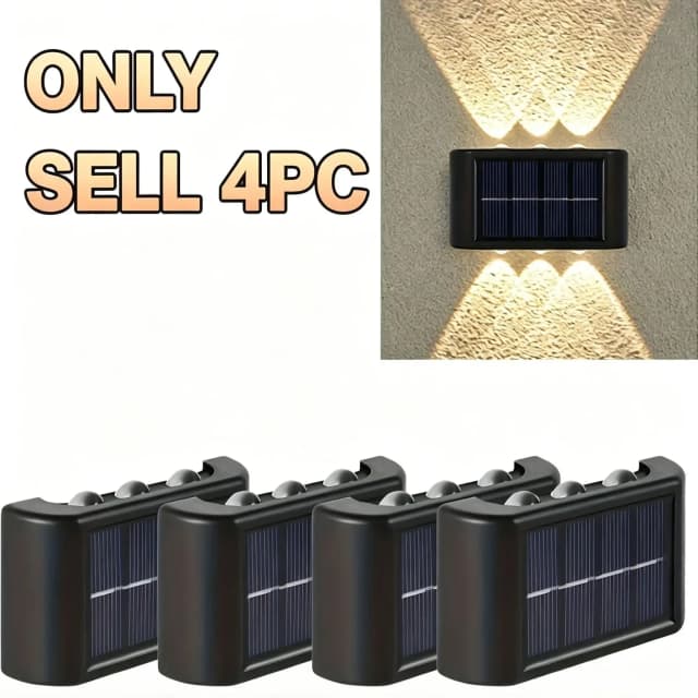 4 packs, 6 LED solar-powered up-down wall lights, outdoor lighting, outdoor wall decorative lights, home-use LED landscape lights, suitable for outdoor areas, courtyards, villas, fences, patios, gardens