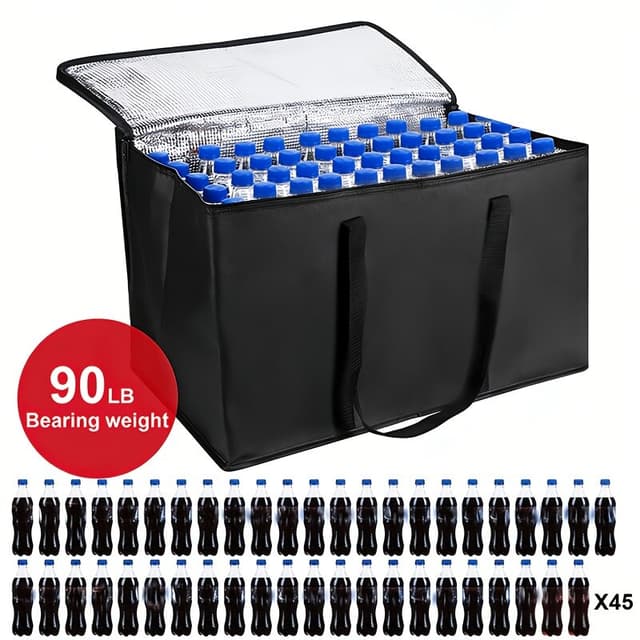Large-capacity insulated cooler bag, capable of holding 45 cans or bottles of drinks. Made of durable non-woven fabric with a reflective lining, suitable for camping, traveling, picnics, and tailgate parties. This camping-specific cooler meets food safety standards.