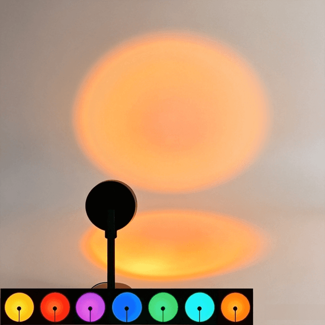 Colorful LED sunset lamp, seven adjustable colors, USB plug-and-play, 360° rotation, sunset ambiance lighting, ideal for party wall decoration