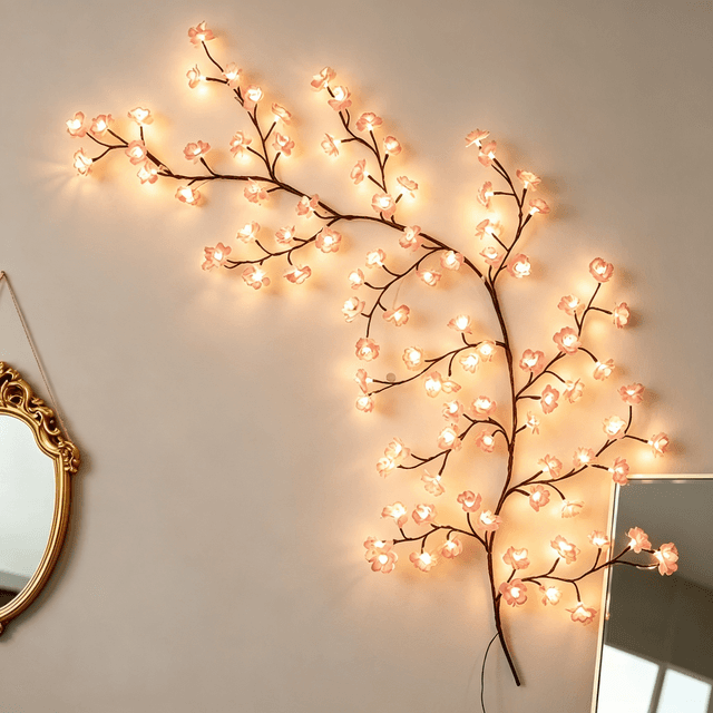 72 of 96 of 144 light cherry blossom vine string lights, glowing cherry branch lights, flexible cherry vine lights, LED branch lights, 8 flicker modes, USB powered, DIY design